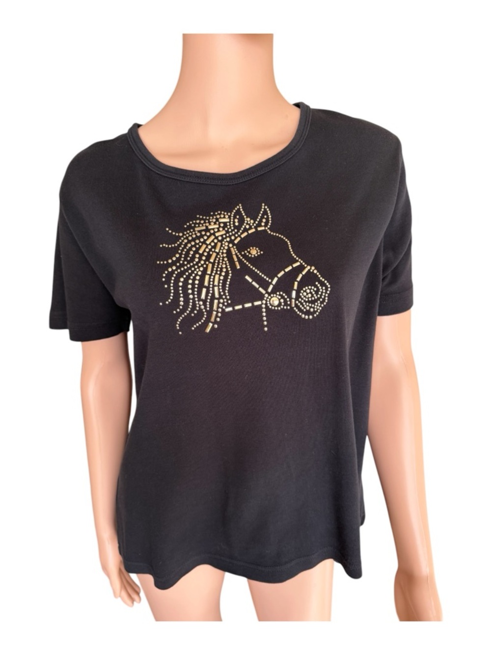 Horse T- Shirt | Issac’s Designs | Gold Decal | Rhinestones | Size Large | EUC